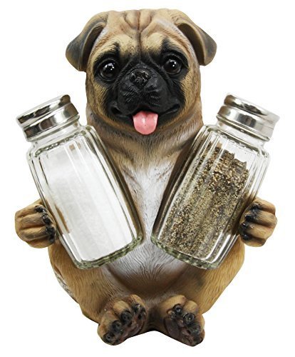 Adorable Hugging Tan Pug Dog Decorative Glass Salt Pepper Shakers Holder Resin Figurine By DWK