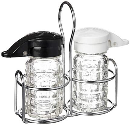 Shake It Free Shaker – 1.5 Oz. Moisture Proof Humidity Free Glass Salt and Pepper Shakers with Metal Caddy by Tumbler Home