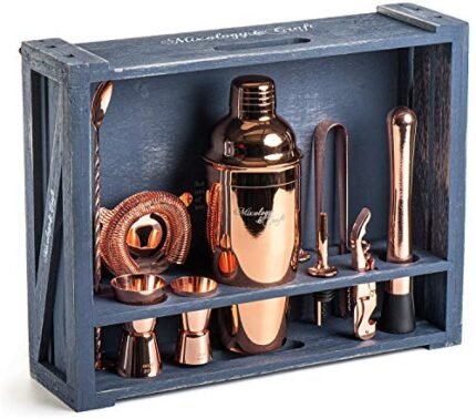 Mixology Bartender Kit: 11-Piece Bar Tool Set with Rustic Wood Stand | Perfect Home Bartending Kit and Cocktail Shaker Set for a True Drink Mixing Experience | Fun Housewarming Gift Idea (Copper)