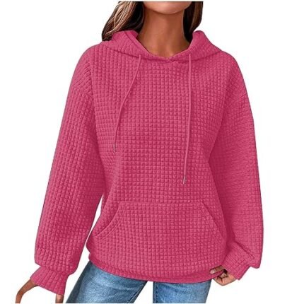 SMIDOW same day delivery gifts Waffle Knit Sweatshirt for Women Trending Now 2023 Fall Outfits Winter Clothes Hooded Sweatshirts Y2K Hoodies Pullover stitch sweatshirt Hot Pink 2X