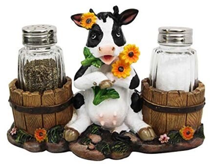 Ebros Sunflower Bovine Cow With Two Country Barrels Decorative Glass Salt And Pepper Shakers Holder Resin Figurine Milking Cow Country Barrel Statue Kitchen Decor (2)