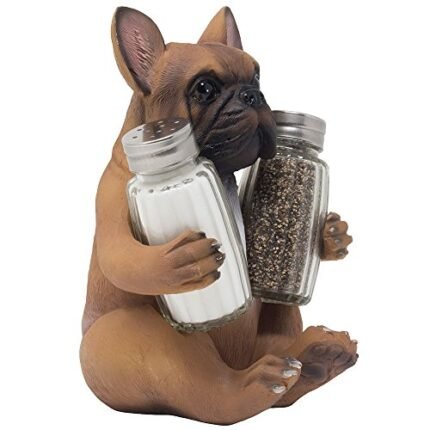 French Bulldog Puppy Dog Salt and Pepper Shaker Set Figurine with Decorative Spice Display Stand Holder for Canine Kitchen Decor or Dining Room Table Decorations As Housewarming Gifts for Pet Lovers