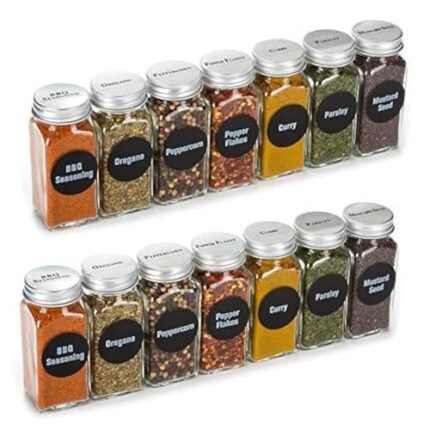 4oz, BEST VALUE 14 Glass Spice Jars includes pre-printed 113 CLEAR PVC labels & round 126 CHALKBOARD labels. 14 Square Empty Jars, Airtight Cap, kitchen Funnel Pour/Sift Shakers