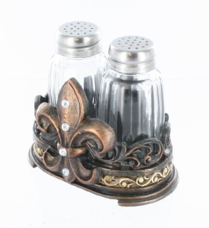 Fleur De Lis Salt & Pepper Shaker Set with Glass Shakers – Tuscan Creole Decor