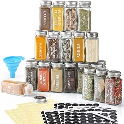 AOZITA 24 Pcs Glass Spice Jars with Labels – 4oz Empty Square Spice Bottles Containers, Condiment Pot, Shaker Lids and Airtight Metal Caps – Silicone Collapsible Funnel