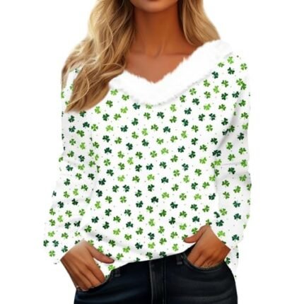 St Patrick’s Day Shirts for Women,Trending Womens Clothes Irish Ladies Tops St Patricks Day Shirt Women Fleece Vneck Spring Fashion Long Sleeve Shirts Tshirt Funny Novelty Clothing Green,S