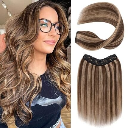 S-noilite One Piece Clip in Hair Extensions Human Hair Balayager One Piece/5 Clips 3/4 Full Head V Weft Thicker Hair Lace Net One Piece HumanHair Extensions Clip in (14″-50g,#Medium Brown/Dark Blonde)